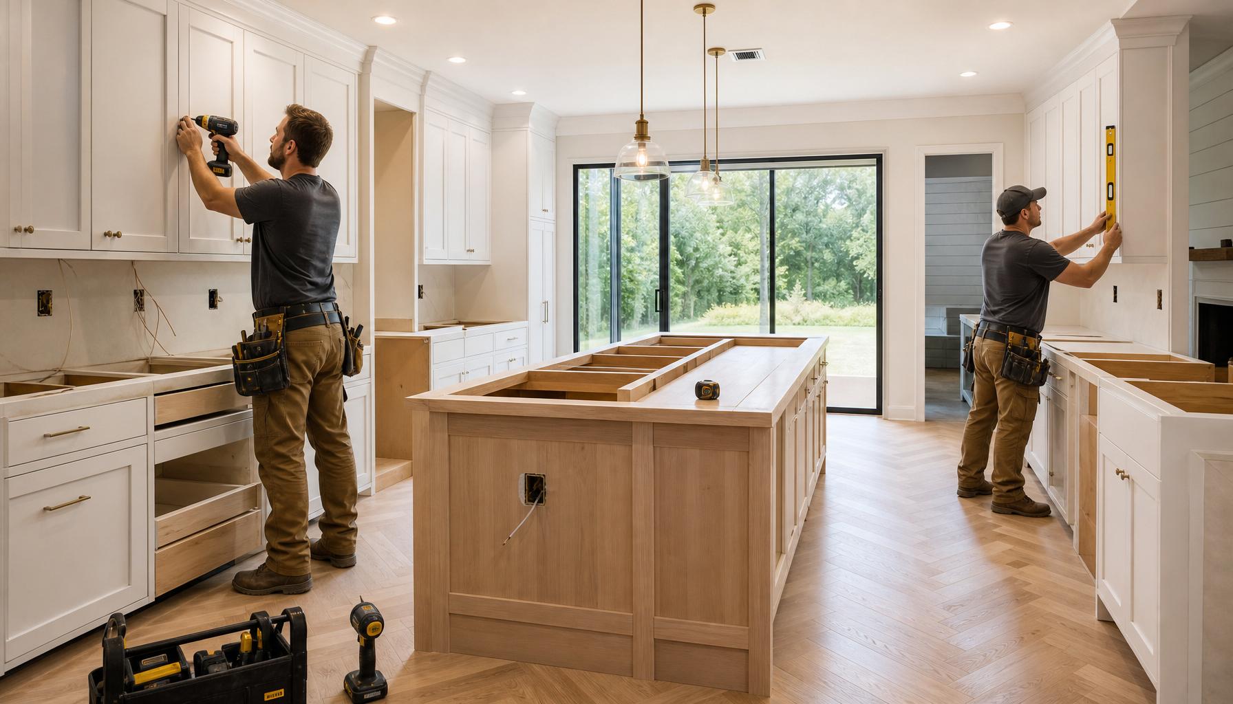 Kitchen and living space remodeling project with painting, cabinetry, and carpentry work