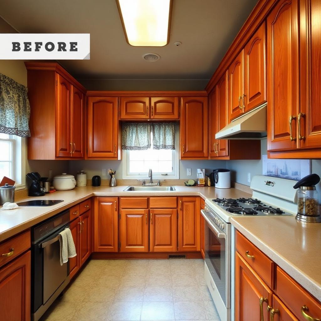 Oak-to-white kitchen refresh — before